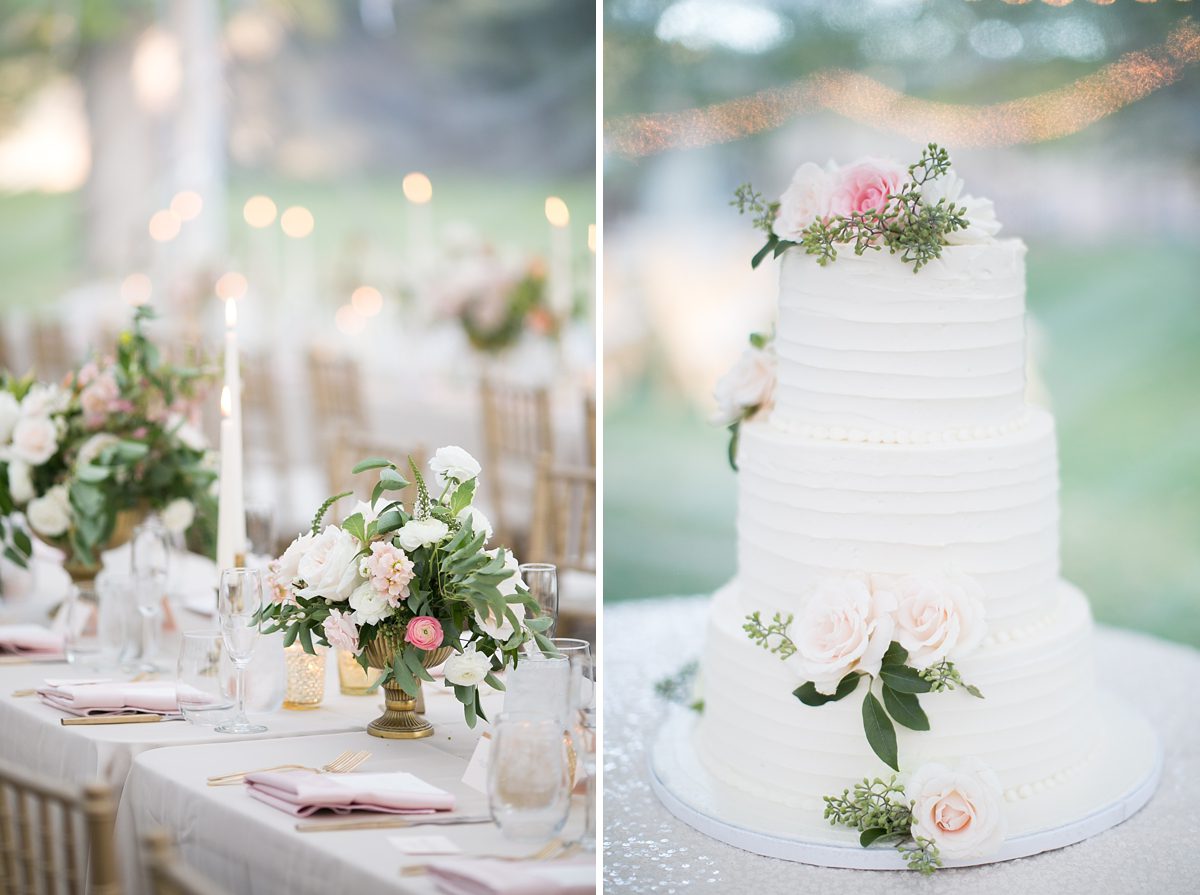 Beautiful wedding cake with florals at Riverbend, colorado wedding photographers