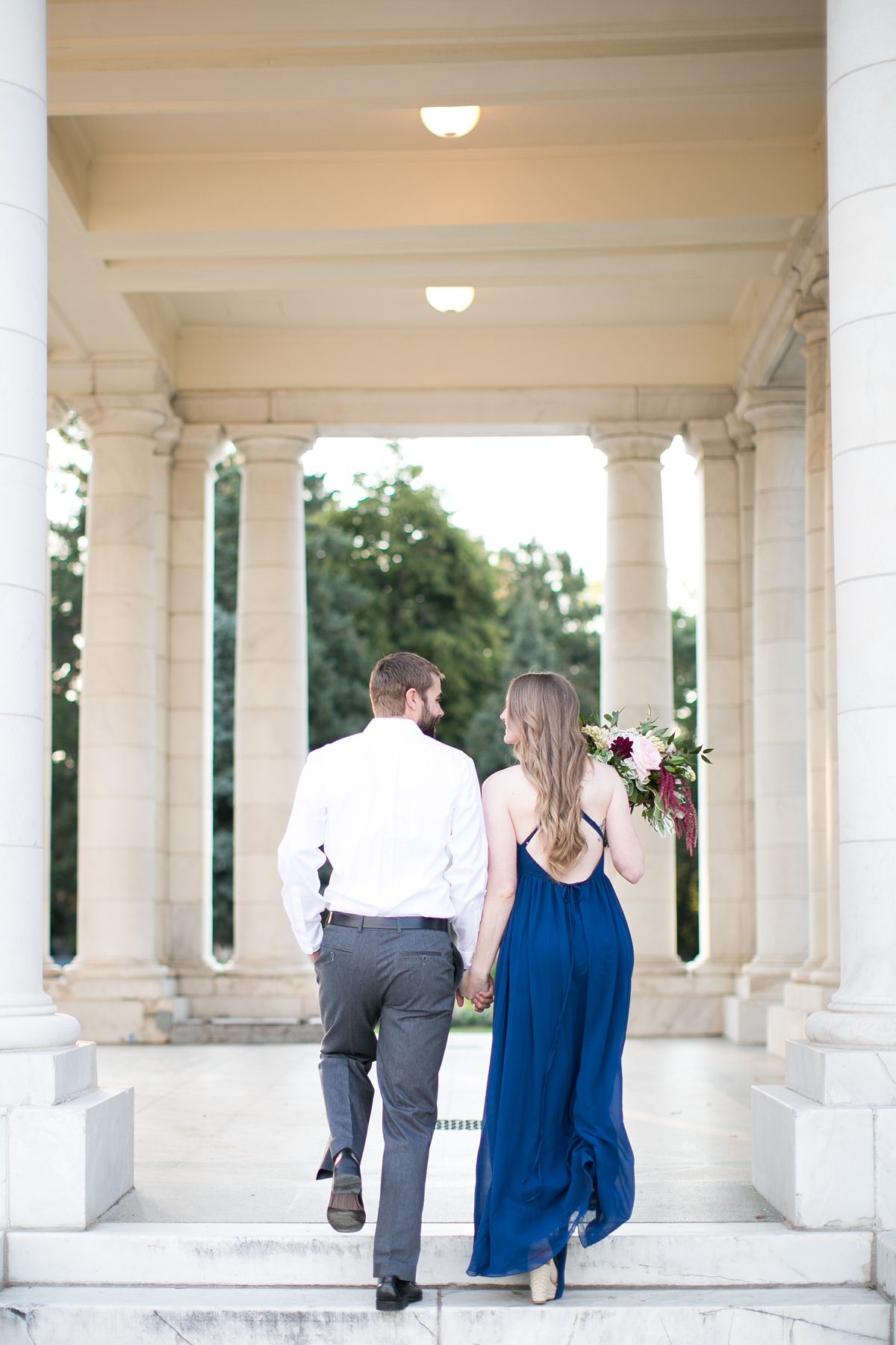 Sunrise Romantic Cheesman Park Engagement Pictures in Denver Colorado, Navy Blue maxi dress, engagement pictures, Amy Caroline Photography