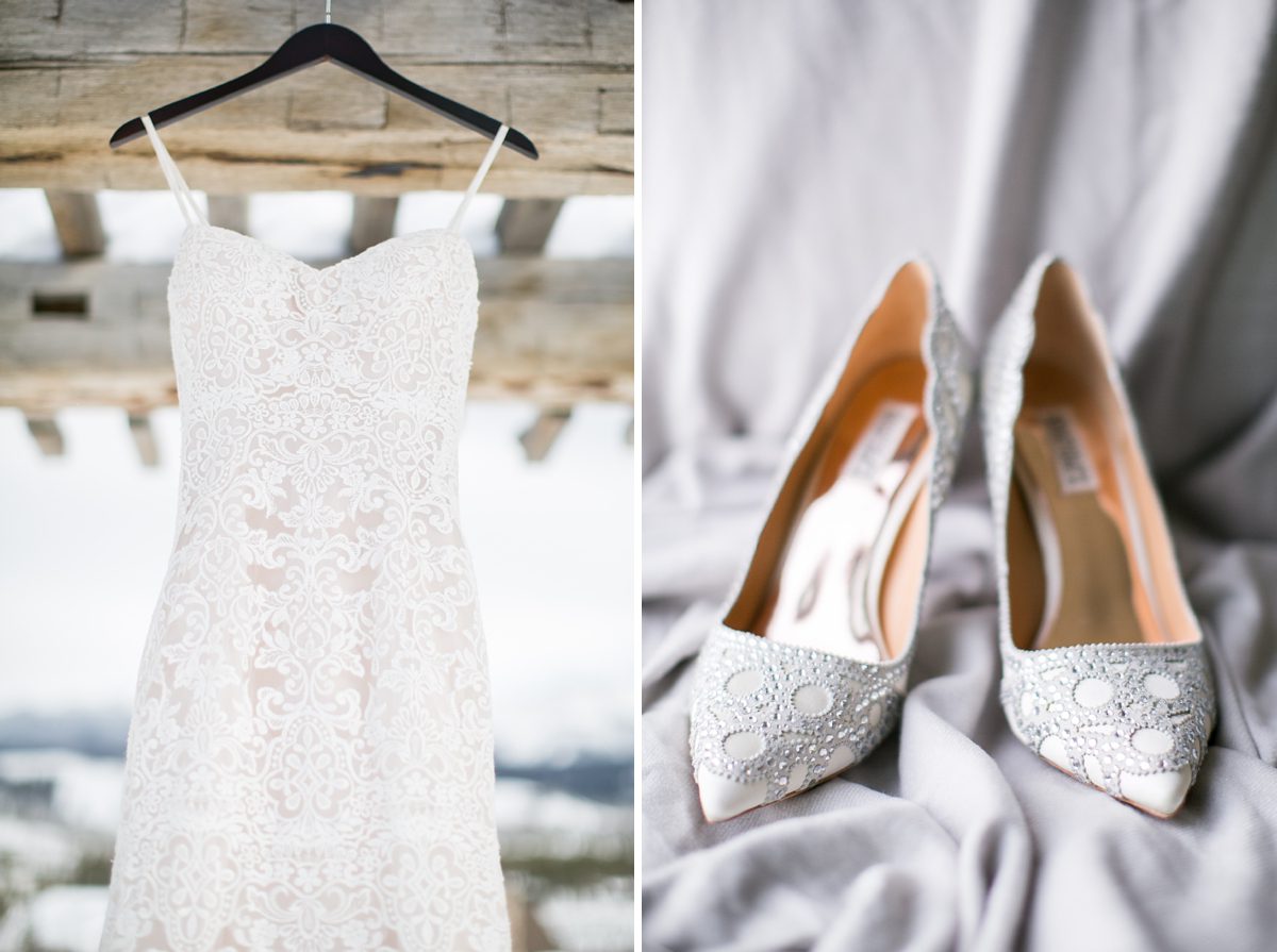 Brides Shoes and Wedding Dress at Devils Thumb Ranch in Winter, Amy Caroline Photography 