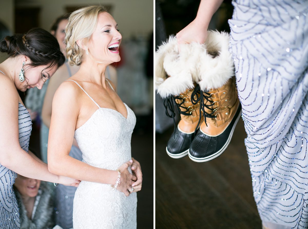 Bride getting ready, Bride in snow boots for a winter wedding, Amy Caroline Photography