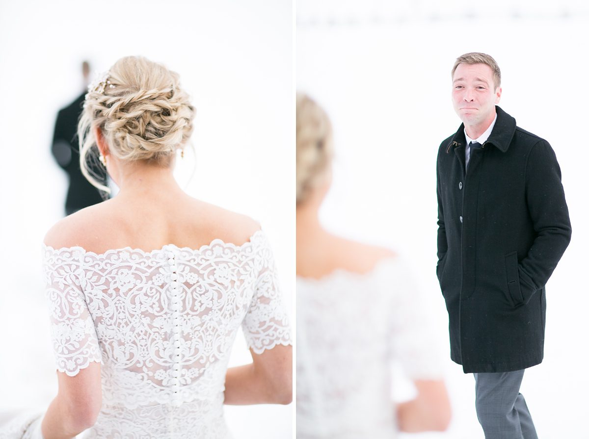 Groom sees the bride for the first time, Colorado Devils Thumb Ranch Winter Mountain Wedding, Amy Caroline Photography