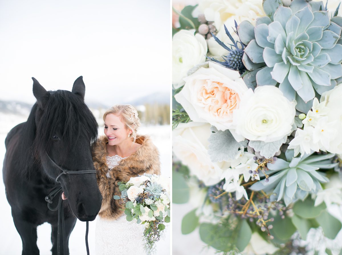 Beautiful bride with a horse, Colorado Devils Thumb Ranch Winter Mountain Wedding, Amy Caroline Photography