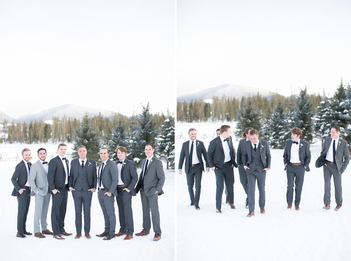 Groomsmen outdoors for a Colorado Winter Wedding, Colorado Devils Thumb Ranch Winter Mountain Wedding, Amy Caroline Photography