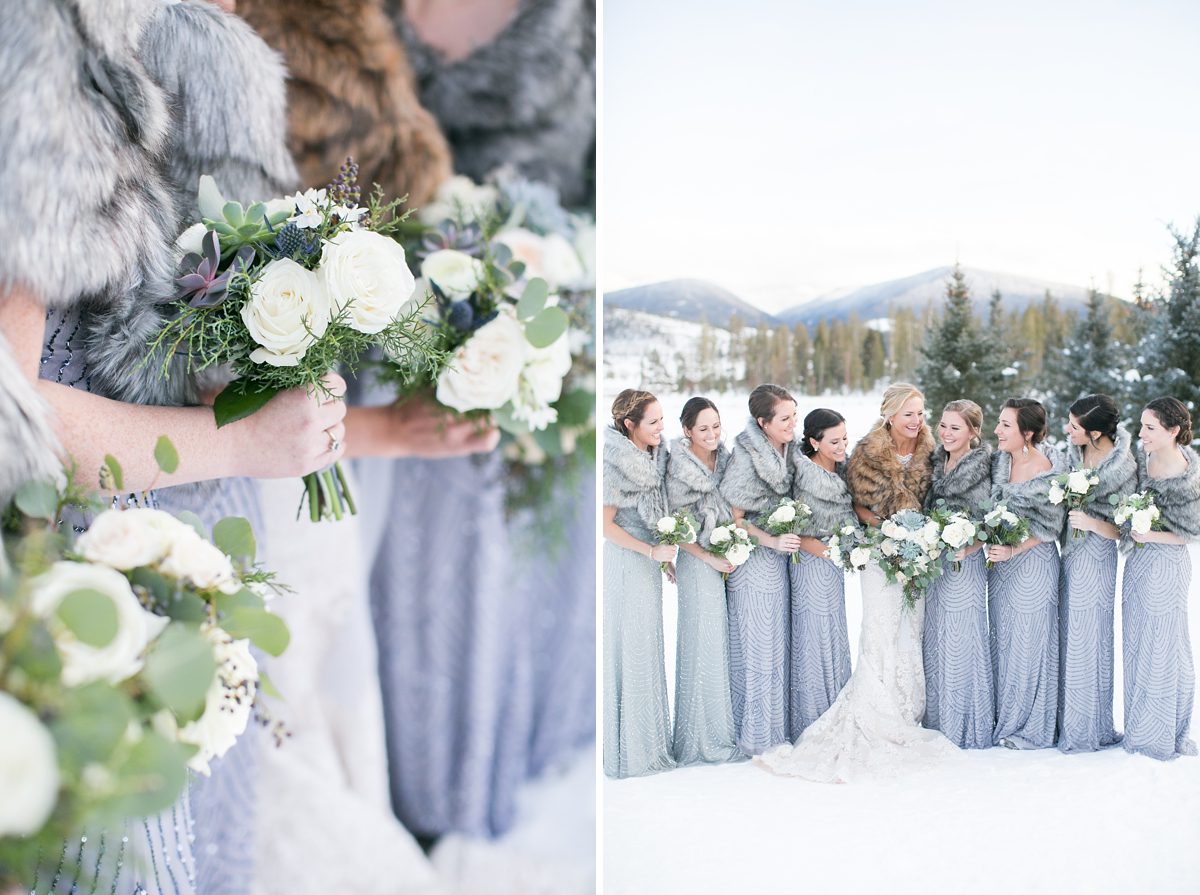 Beautiful winter bridesmaids, sequined long bridesmaids dresses, bridesmaids with fur stoles , outdoor winter wedding, Colorado Snowy Wedding, Amy Caroline Photography 
