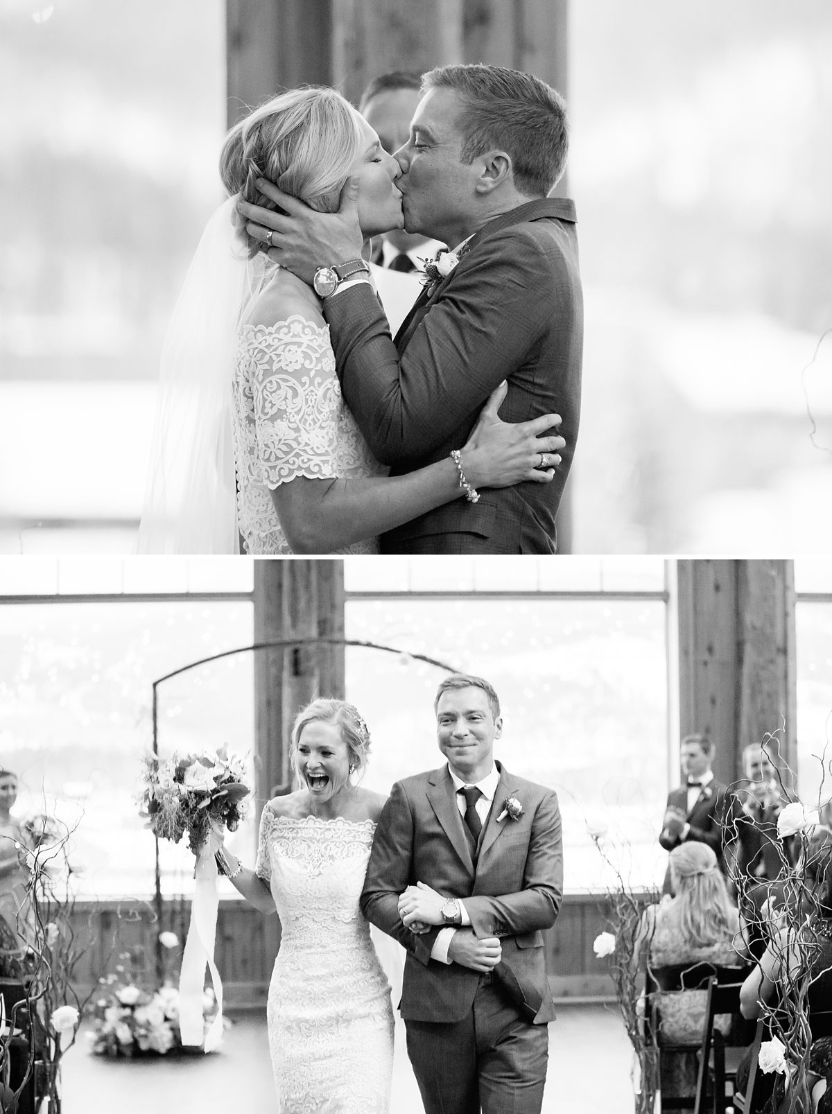 First Kiss, Colorado Devils Thumb Ranch Winter Mountain Wedding, Amy Caroline Photography