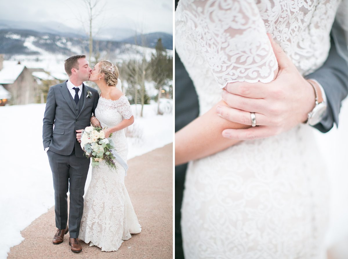 Bride and Groom outdoors in a mountain winter wedding, snowy wedding pictures, romantic wedding pictures, Amy Caroline Photography