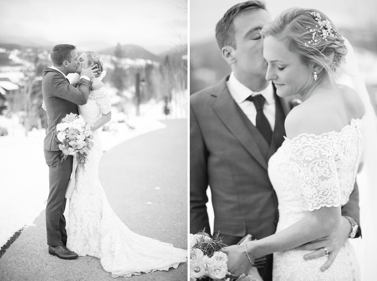 Bride and Groom at Devils Thumb Ranch in the winter, Romantic and Timeless Colorado Wedding Photographers, Amy Caroline Photography 