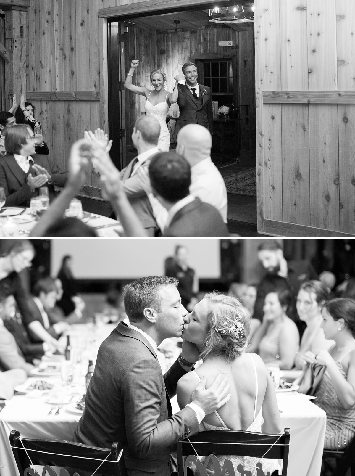 Happy couple at reception, Colorado Devils Thumb Ranch Winter Mountain Wedding, Amy Caroline Photography