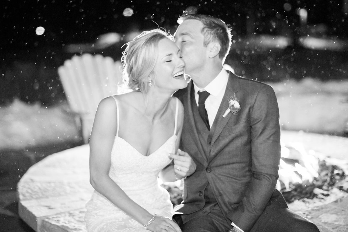 Bride and Groom in the snow, snowy night time wedding, bride and groom around a fire pit, Colorado Devils Thumb Ranch Winter Mountain Wedding, Amy Caroline Photography