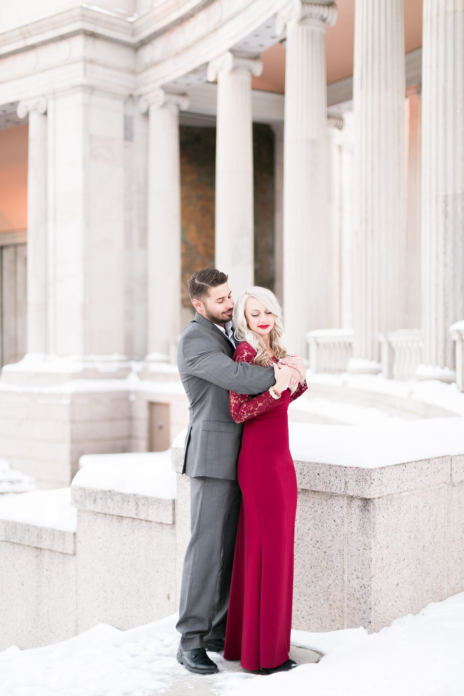 Bride in a elegant red dress, Denver city engagement, Amy Caroline Photography