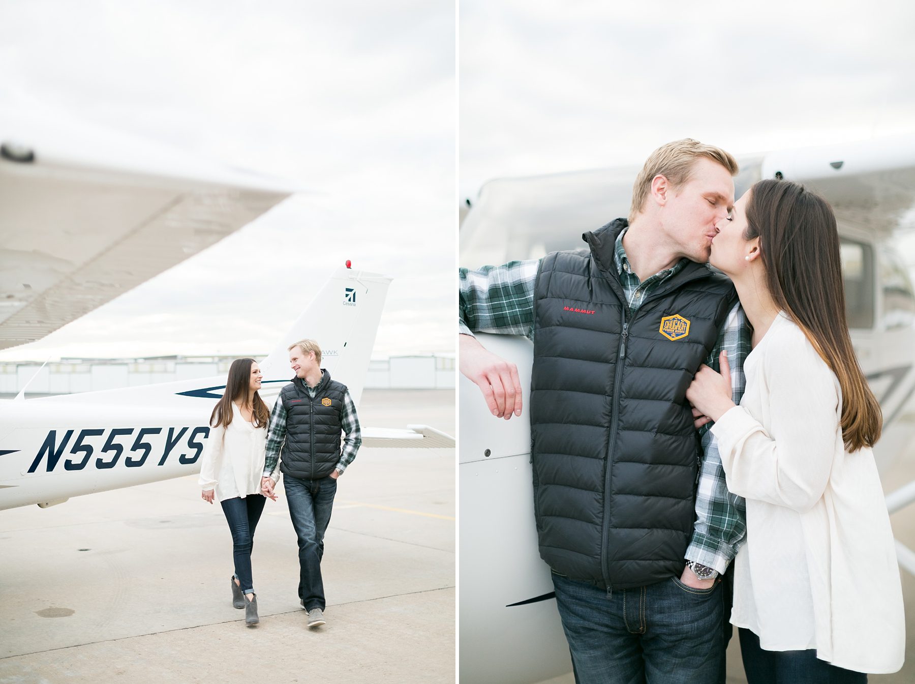 Happy couple at an airport, airport engagement pictures, Amy Caroline Photography 
