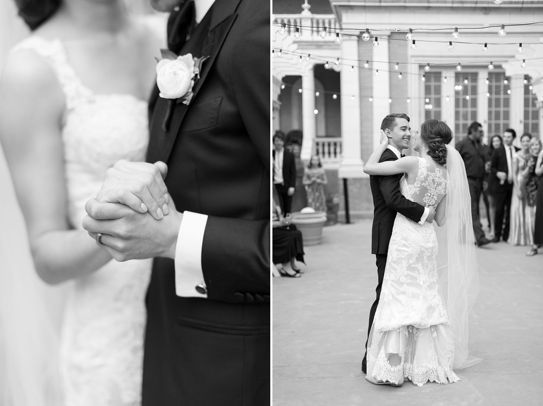 First Dance under twinkle lights, Bride and Groom dancing on the patio at Grant Humphreys Mansion, Amy Caroline Photography
