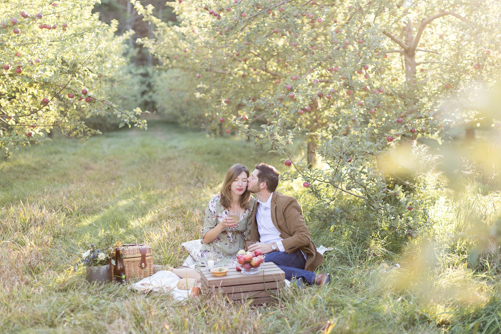 Picnic in an Apple Orchard, Maine Engagement Pictures, Amy Caroline Photography 