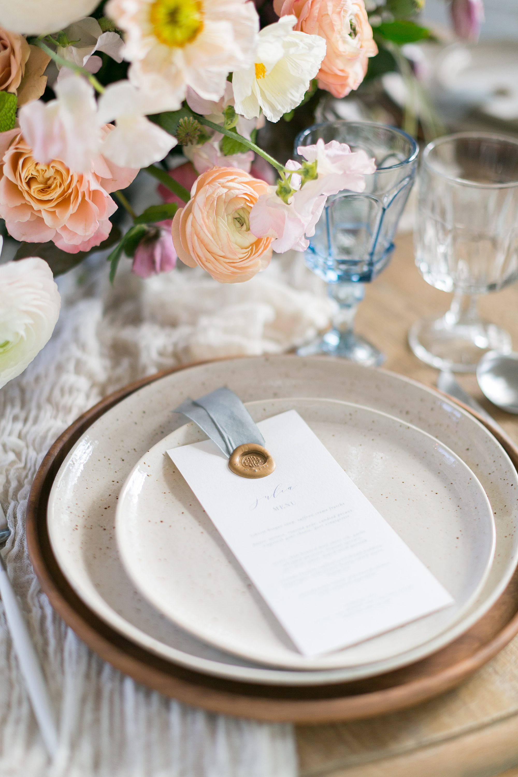 Soft Blue Whimsical Denver Blanc Wedding Inspiration, Wax Seal Menus, Amy Caroline Photography 