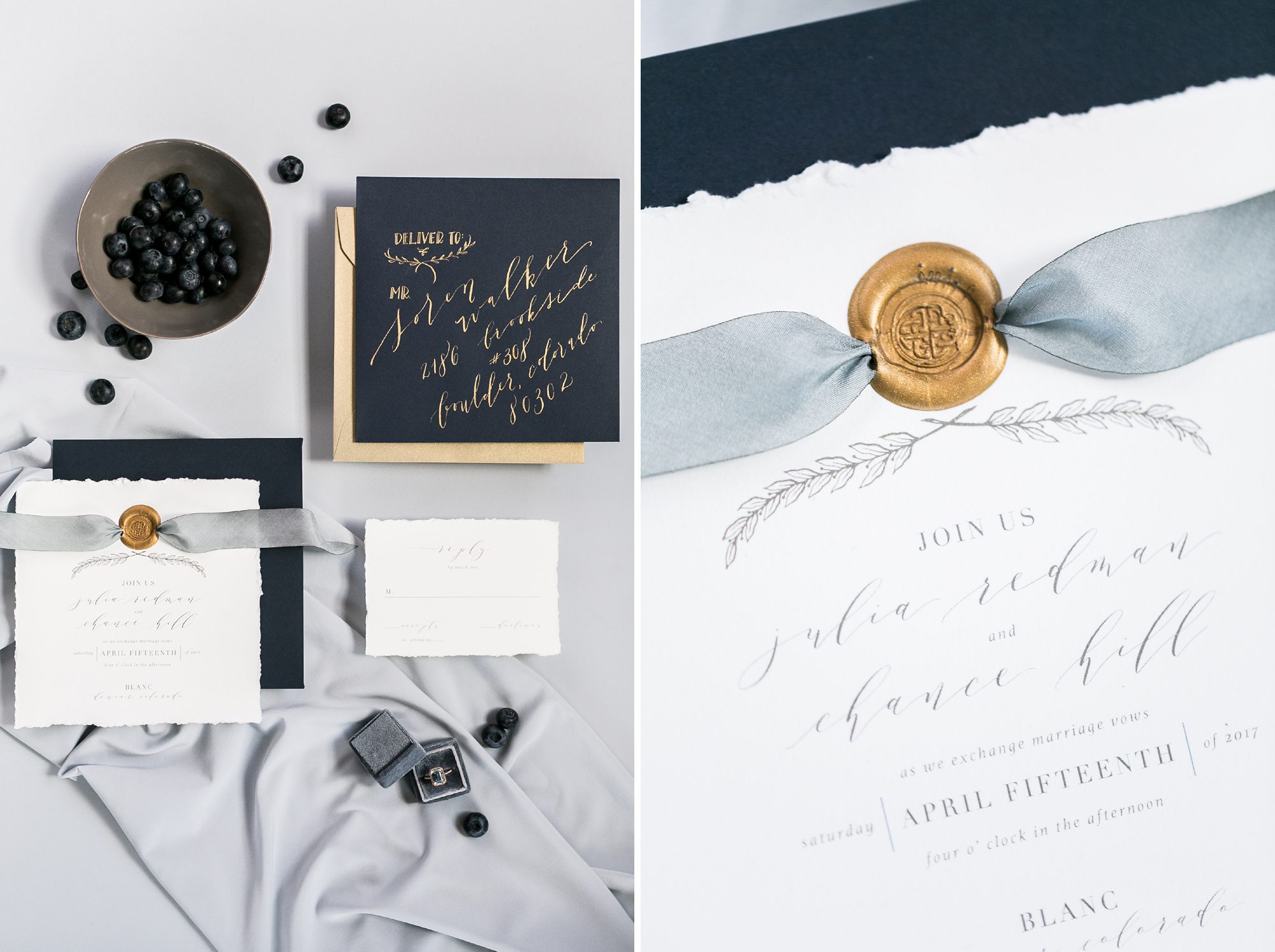 Classic Navy and Gold Wedding Calligraphy Invitation, Amy Caroline Photography 