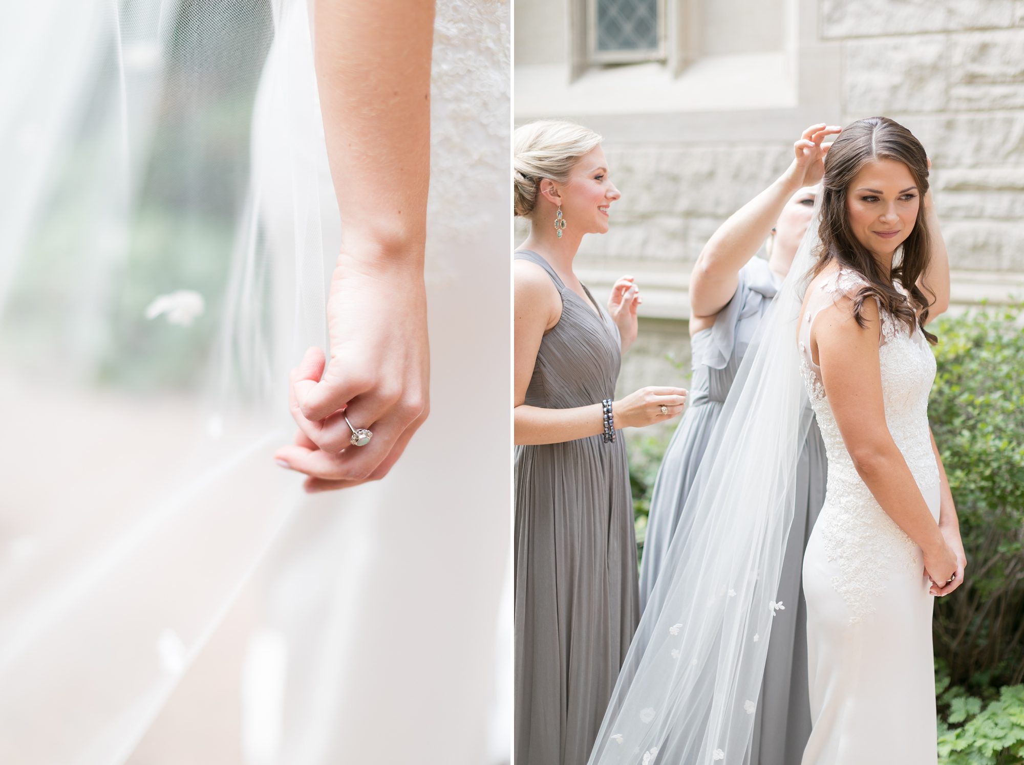 Bride putting her veil on at Blessed Sacrament Church Denver, Denver Wedding Photographers, Amy Caroline Photography 