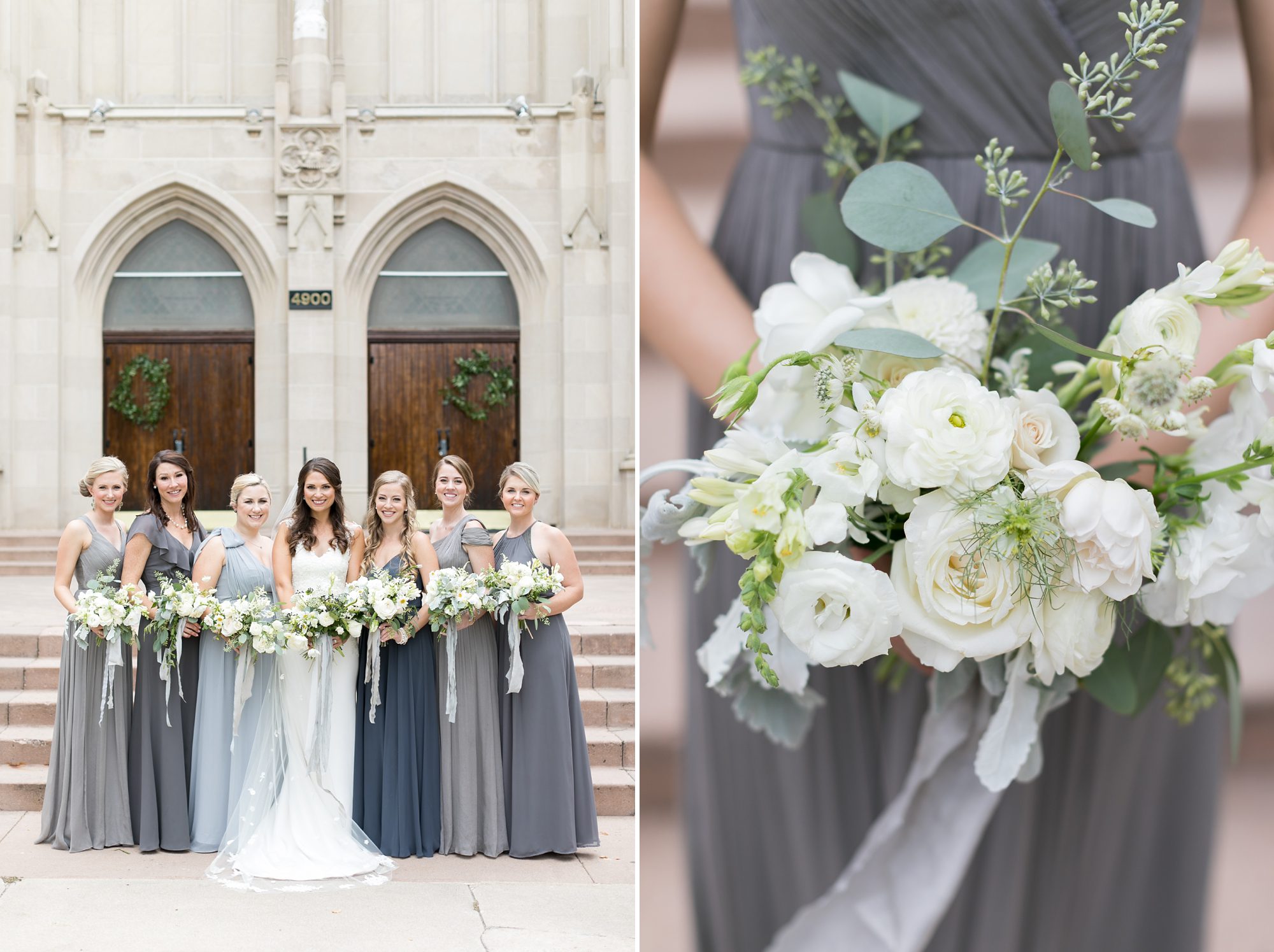 Bride and her bridesmaids, bridesmaids in shades of grey, Elegant Garden Inspired Denver Wedding, Denver Wedding Photographers, Amy Caroline Photorgaphy