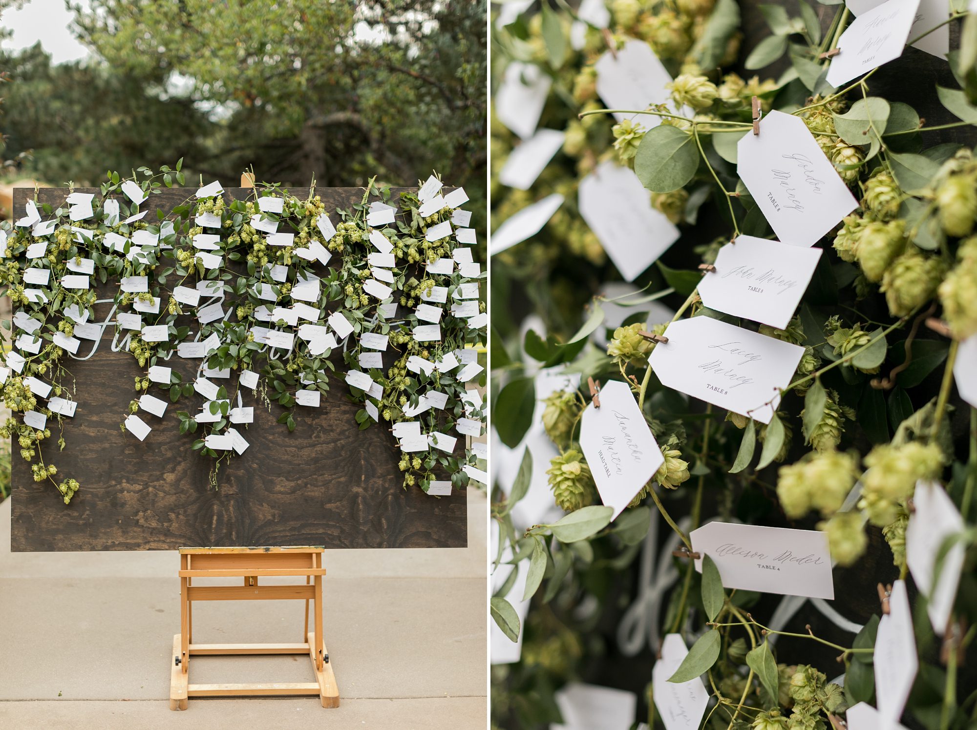 Hops Escort Card Wedding Display, Denver Botanic Gardens Wedding Cocktail hour, Elegant Denver Garden Wedding, Amy Caroline Photography 