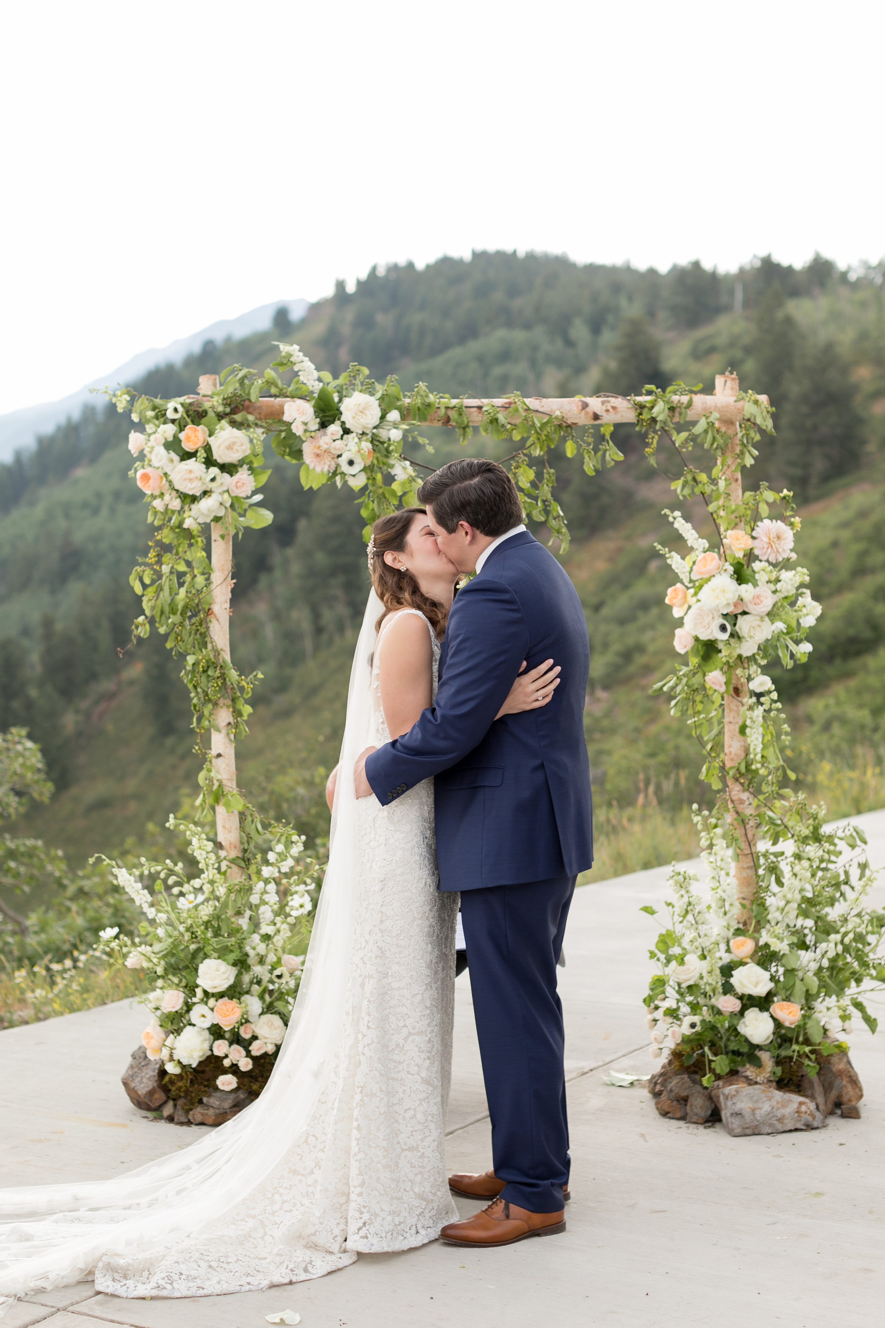 Bride and Groom First Kiss. Mountainside Intimate Aspen Wedding. Aspen Mountain wedding, Amy Caroline Photography.