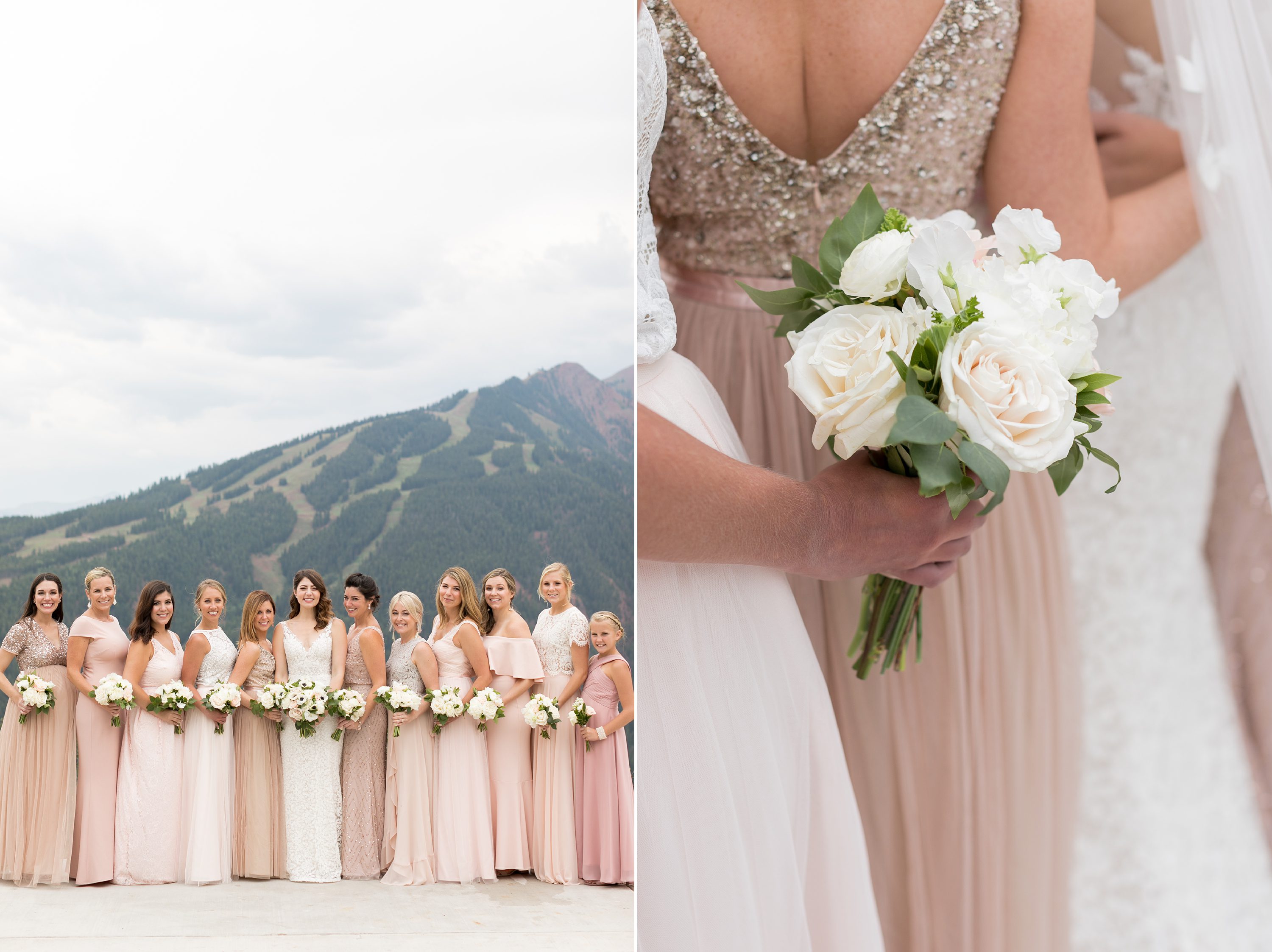 Beautiful bridesmaids in blush bridesmaids dresses. Aspen Colorado Wedding. Amy Caroline Photography.