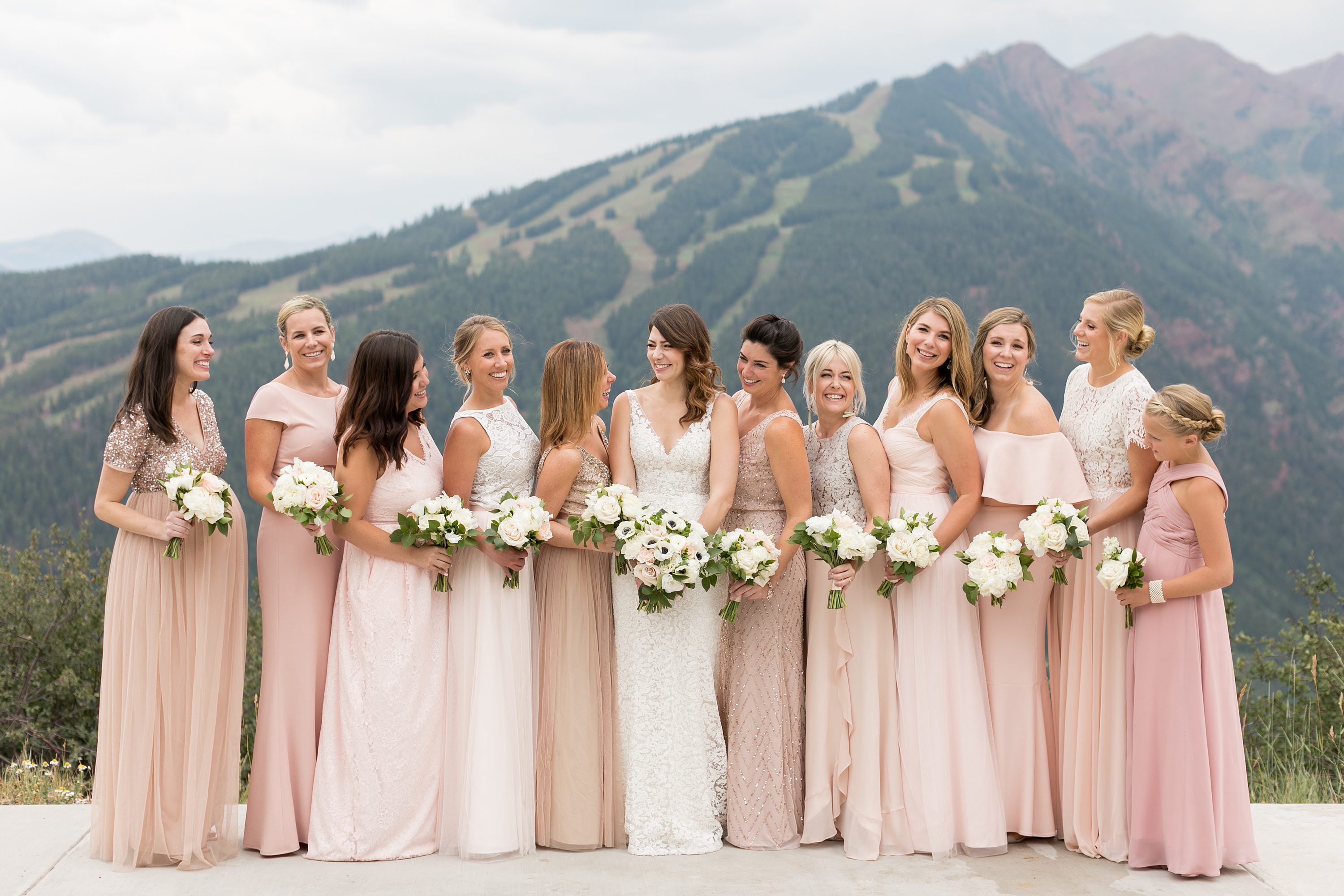 Bridesmaids in Blush. Aspen Colorado Mountain Wedding. Amy Caroline Photography.