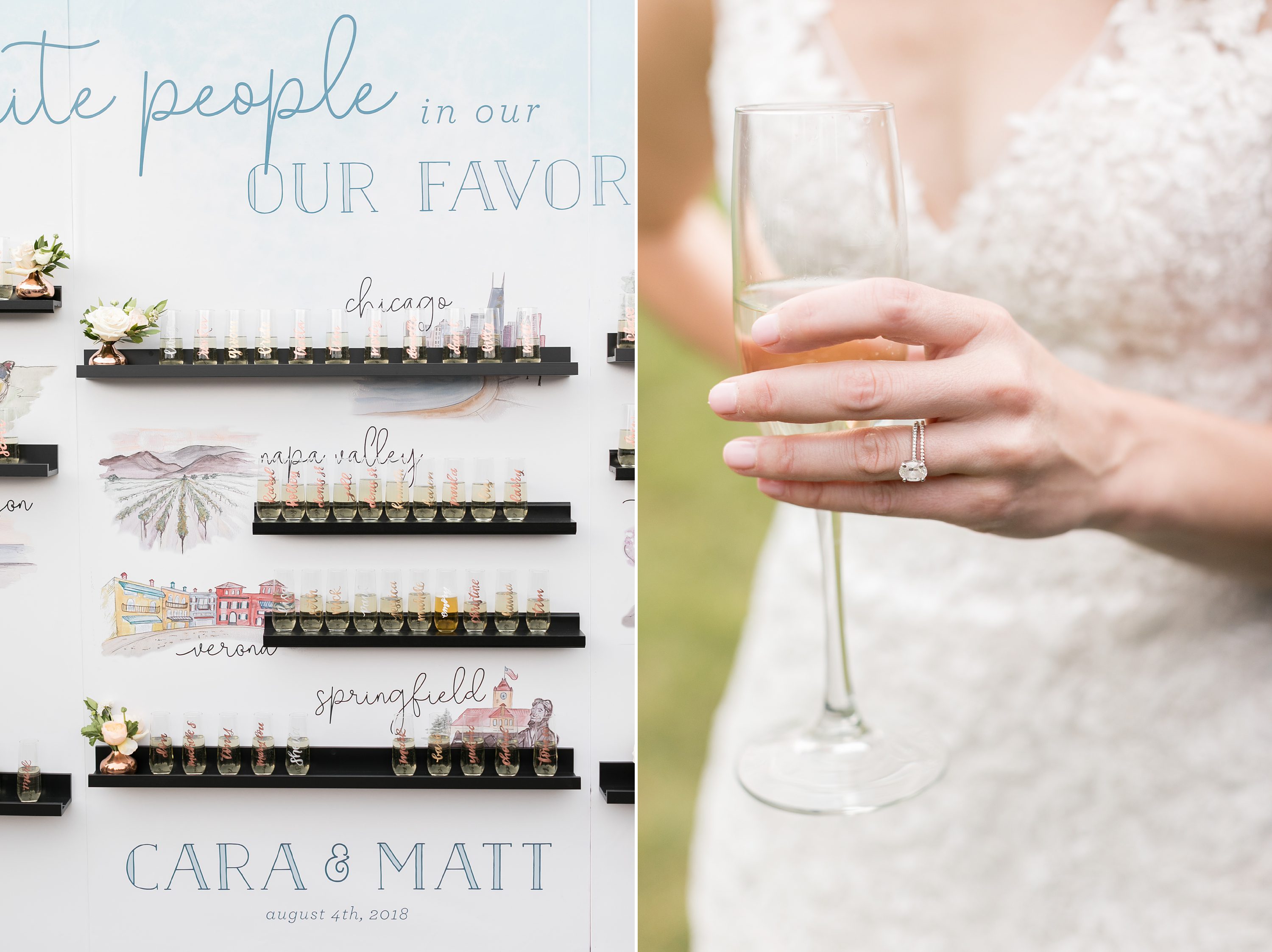 Unique Wedding Escort Card Display. Wedding champagne seating chart. Aspen Wedding by Amy Caroline Photography.