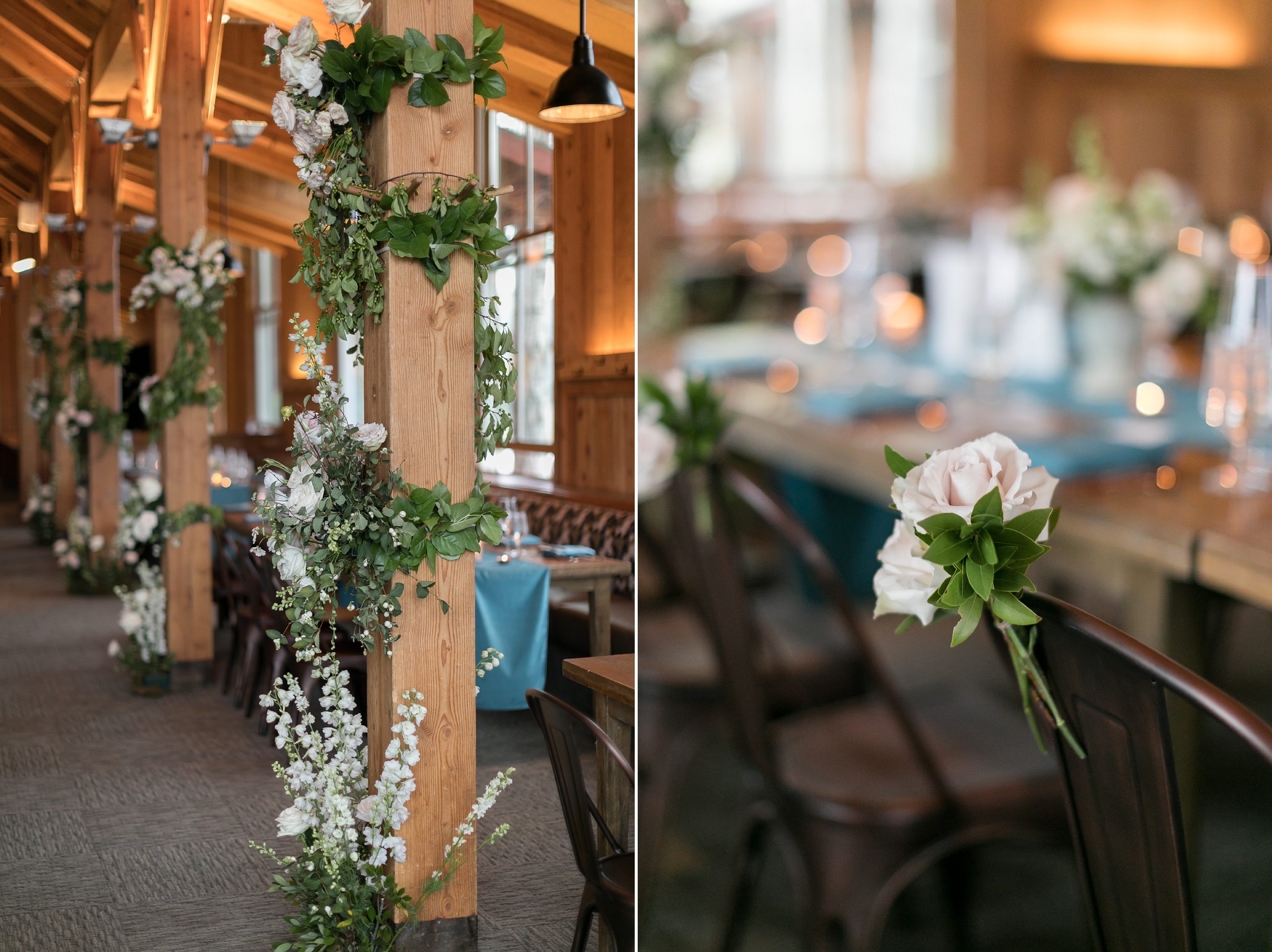 Flower column at a wedding reception in Aspen Colorado. Amy Caroline Photography.