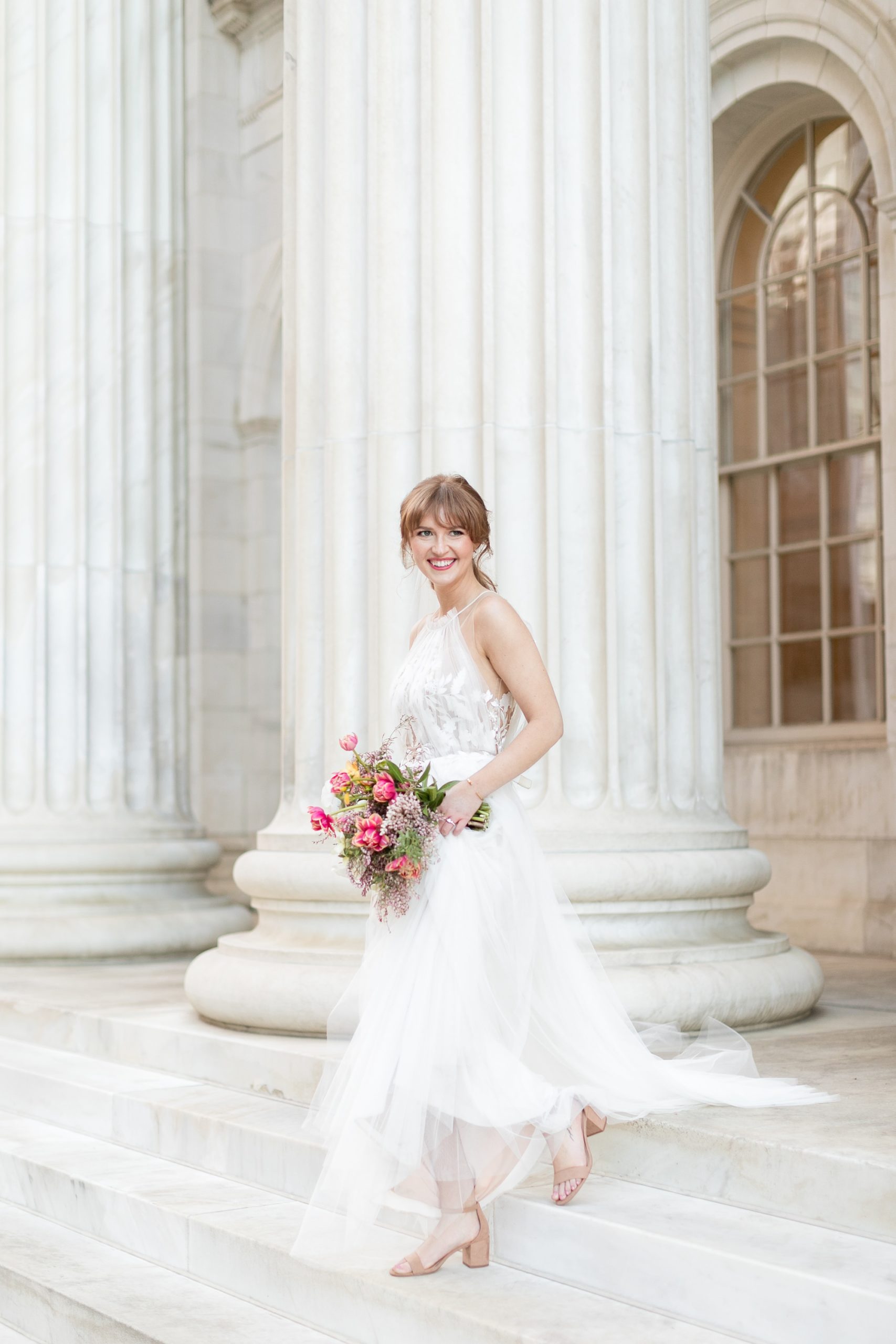 Happy Bride at Denver Courthouse. Redhead bride and Spring Bouquet. Anna Kara Gown by Amy Caroline Photography.