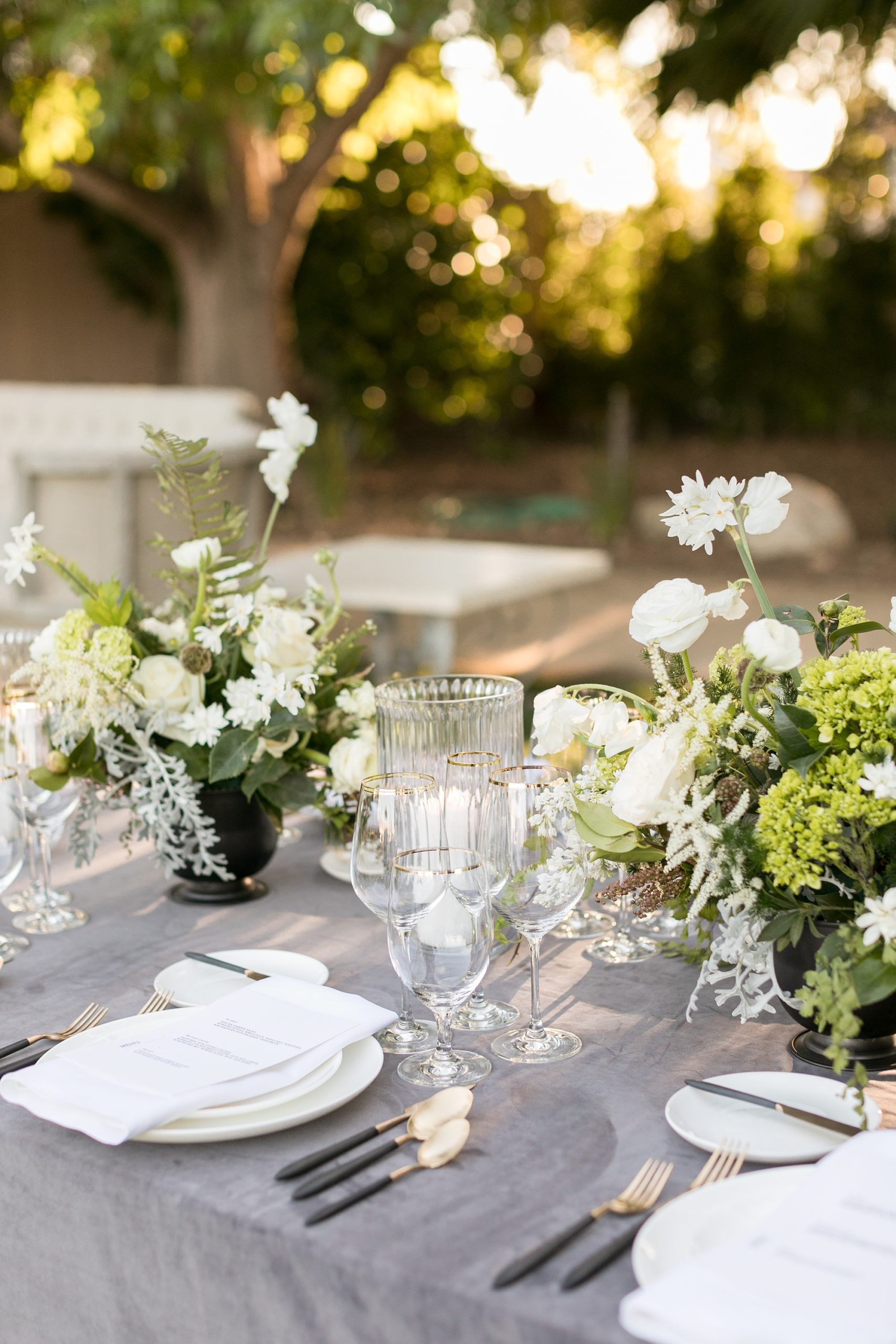 Greens, White, and Blue Velvet Wedding Reception Tablescape. Tyler Speier Events, Amy Caroline Photography.