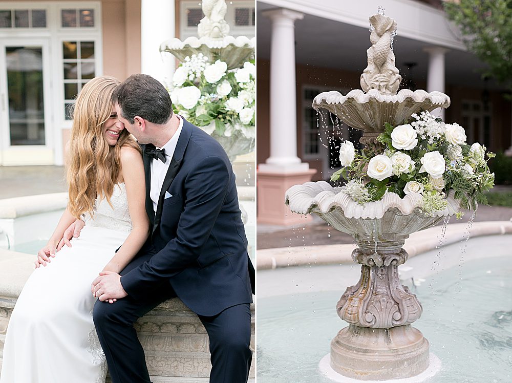 Elegant Italian Inspired Wedding at the Broadmoor Hotel, Cocktail Hour at the Broadmoor Hotel, Wedding Fountain Flowers, Happy Bride and Groom, Colorado Wedding Photographer, Amy Caroline Photography