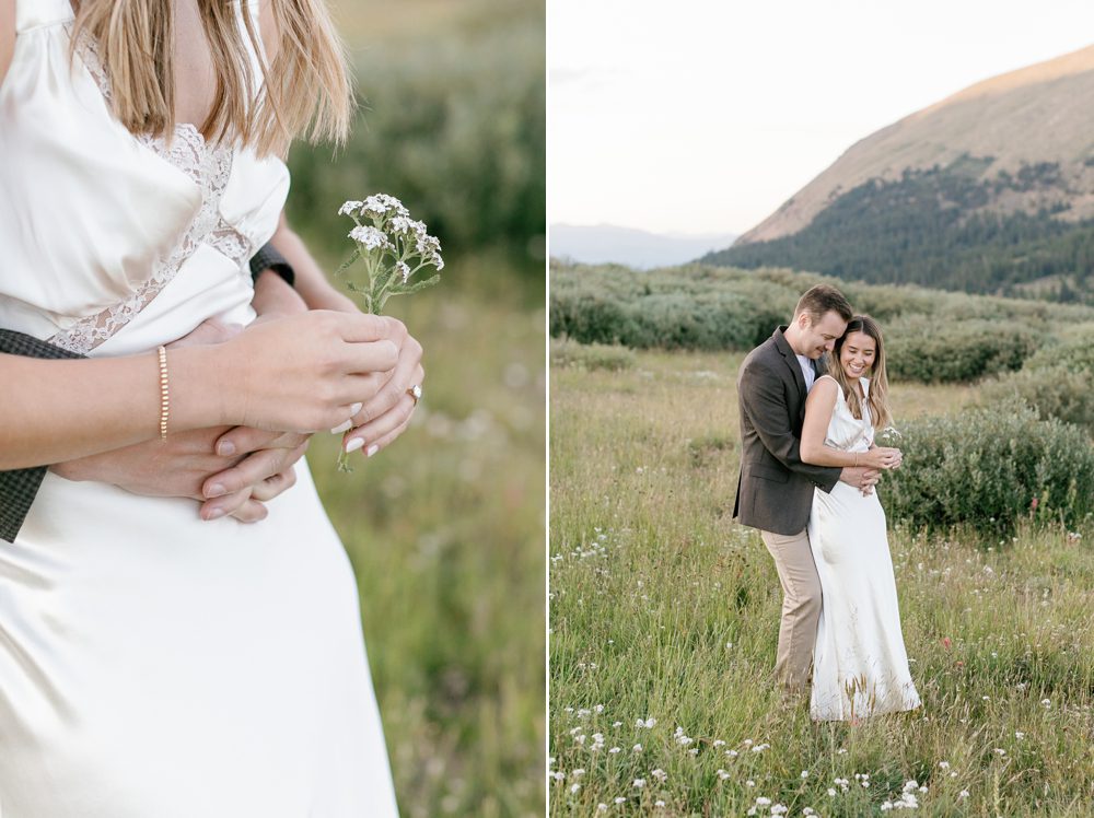 Reformation White Dress. Golden Hour Mountain Engagement Session in Georgetown, Colorado by Amy Caroline Photography