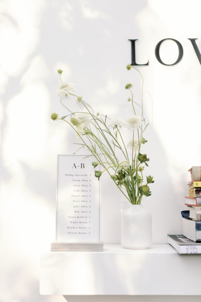 Personalized wedding escort card wall with books, photographs, and keepsakes reading Love Brings You Home